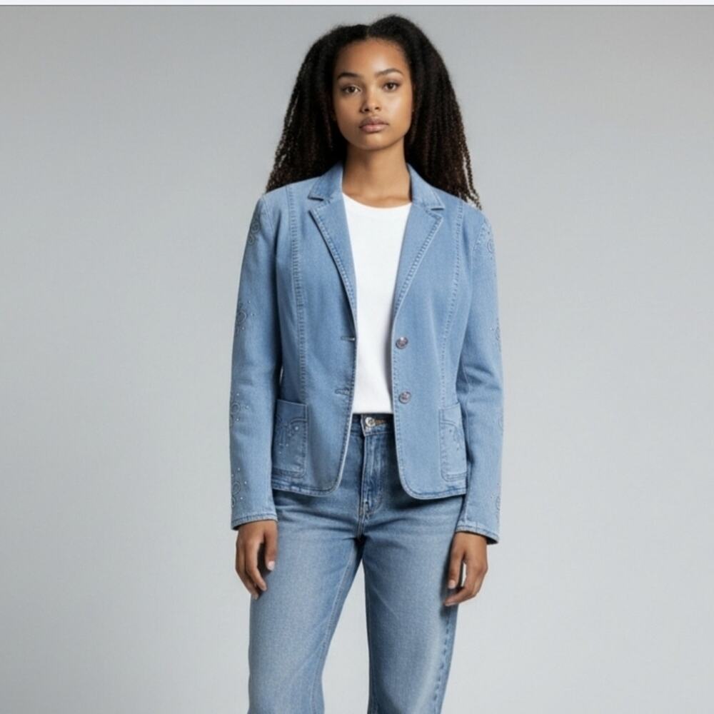 Escada Light Blue Denim Crystal Studded Western Wear Blazer (IT 46/US 10)